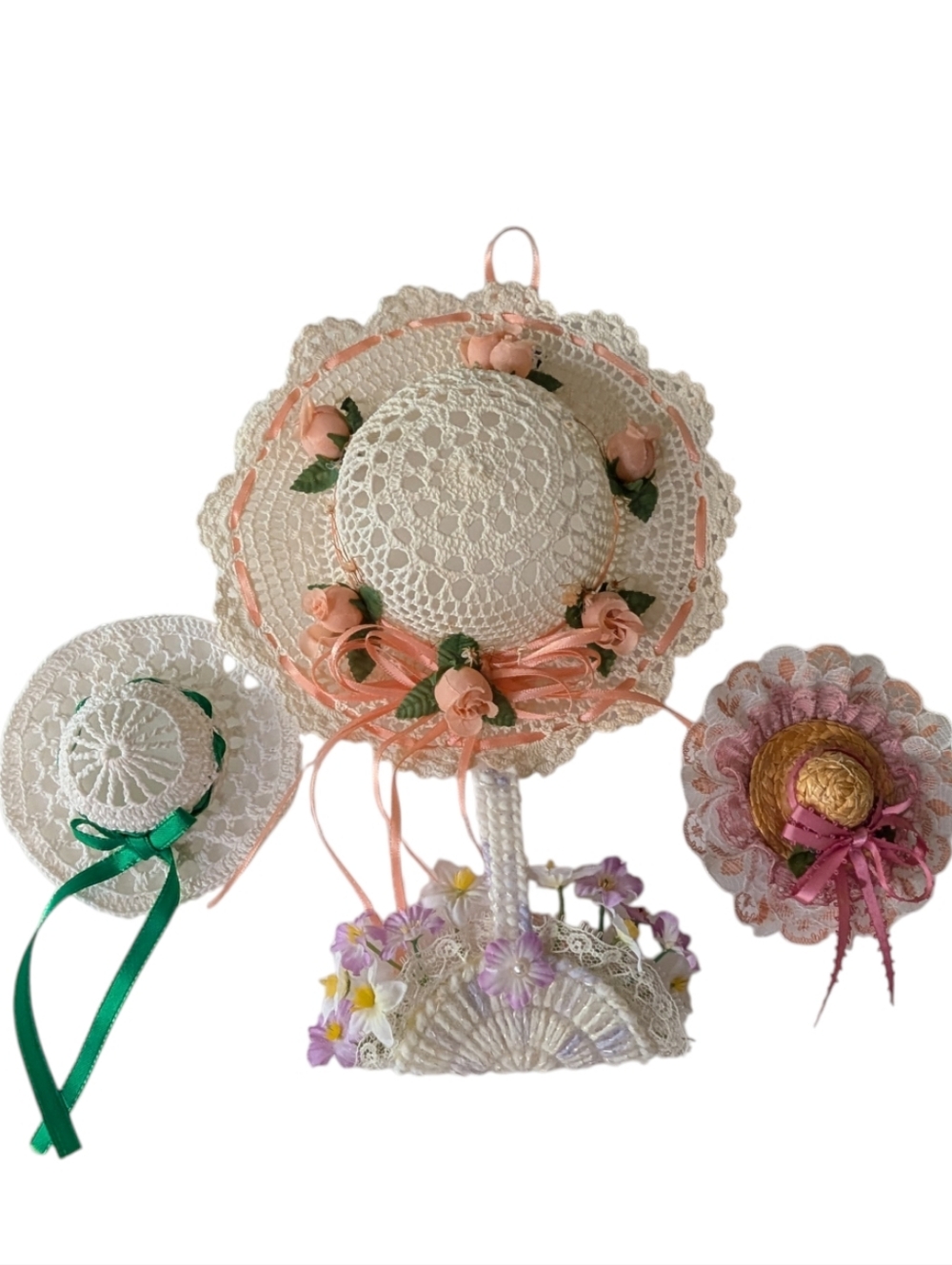 Vintage Starched Crocheted Doll Hats magnets ornaments decor Floral Victorian